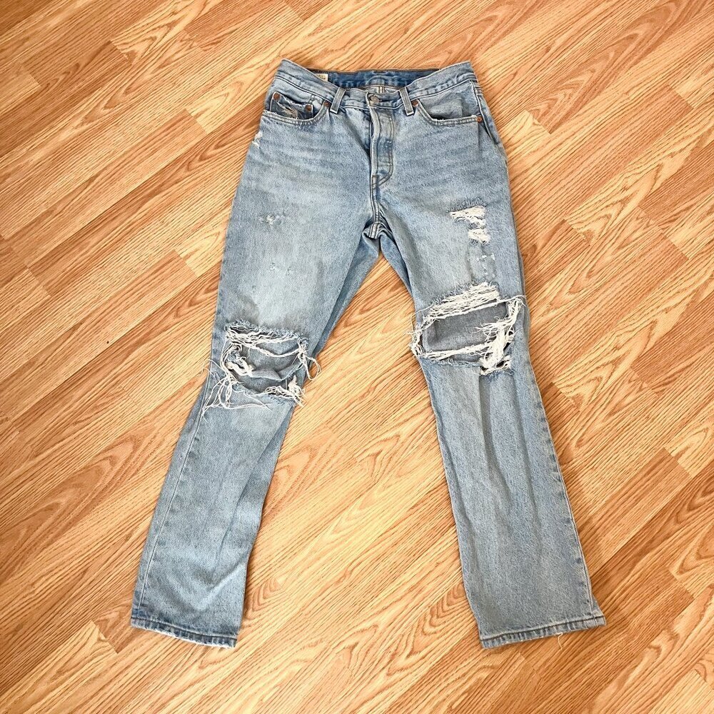 Levis 501 Ripped Jeans Womens Blue Premium Modern Denim Pants Size 27/30